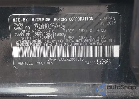 2019 Mitsubishi Eclipse Cross Sel z USA, uszkodzony, nr VIN JA4AT5AA2KZ001515